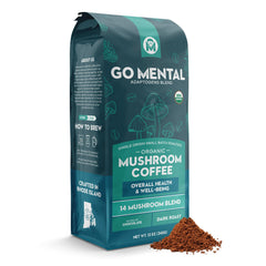 GO MENTAL front of bag showing organic 14-mushroom coffee benefits