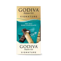 Godiva mini bar front view revealing smooth dark chocolate and salt crystals for rich flavor