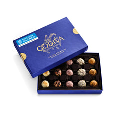 Godiva front box showing blue and gold gift packaging and refined presentation benefit