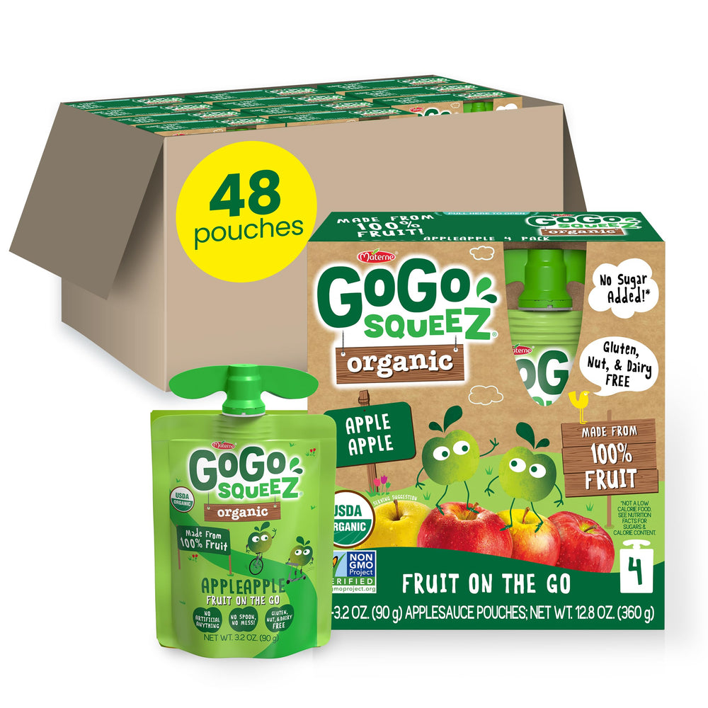 GoGo SqueeZ front packaging showing 48-count box and portability