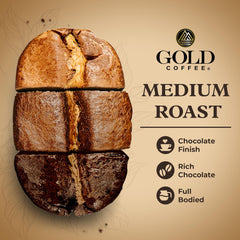 Open 12 oz bag pouring Chocolate Truffle grounds into a mug by Gold Coffee Company for easy brewing