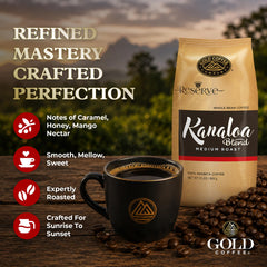 GOLD COFFEE COMPANY close-up whole beans highlighting roast and texture benefits