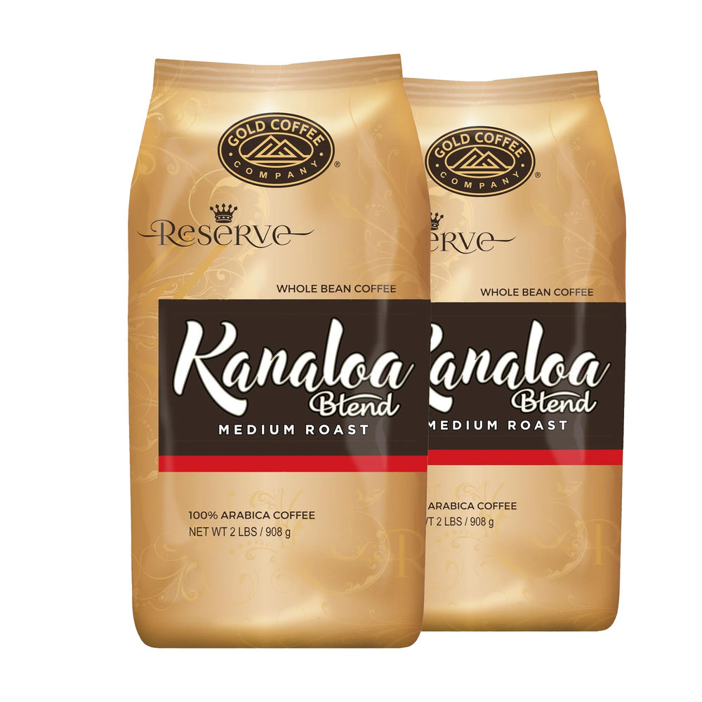 GOLD COFFEE COMPANY front packaging showing two 2lb Kanaloa bags, premium freshness