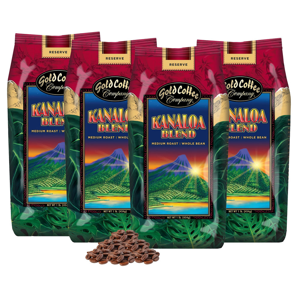 Gold Coffee Company Kanaloa Blend front bag view showing branding and pack benefit