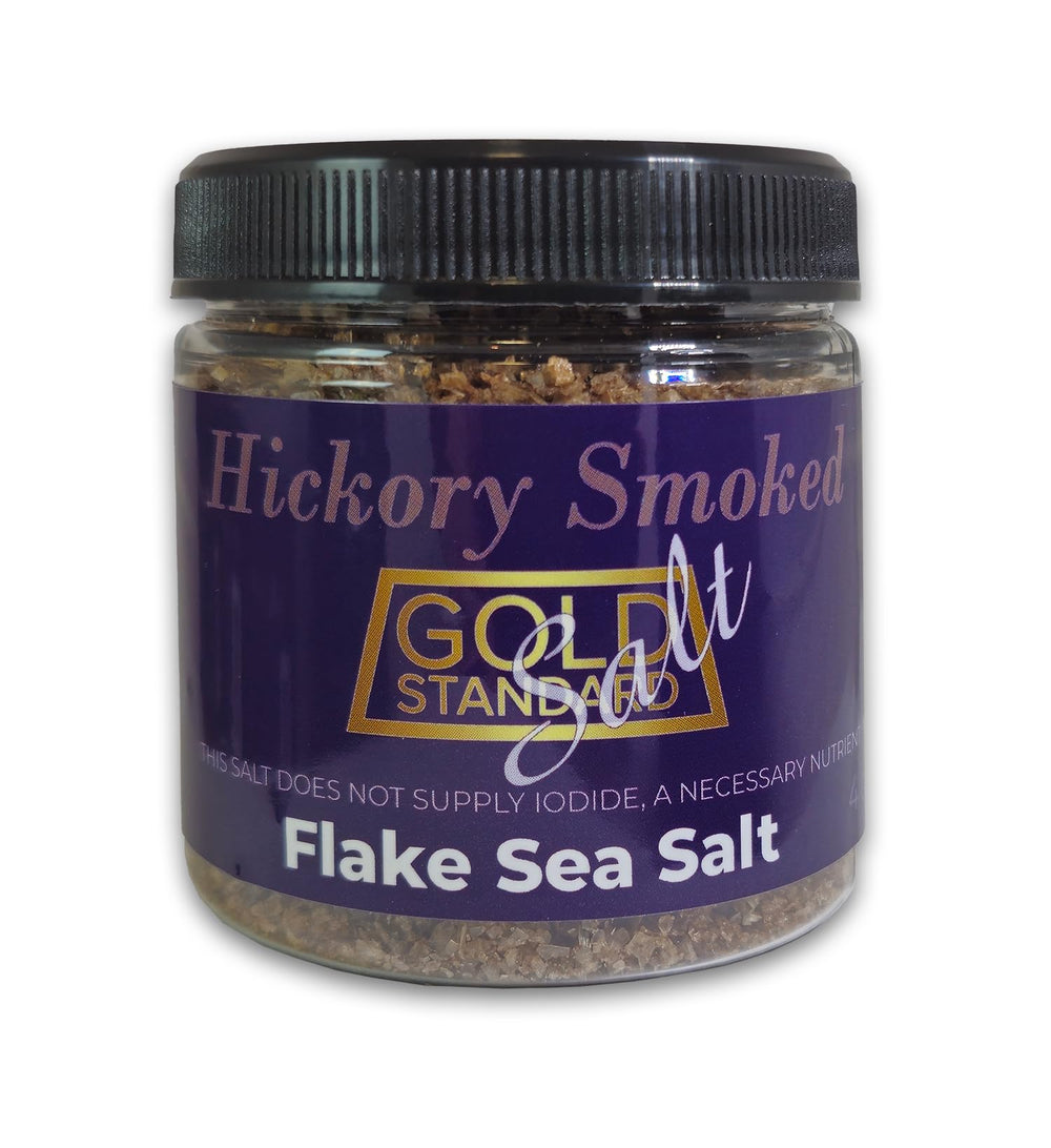 Gold Standard Salt front jar showing hickory smoked flake sea salt, adds bold smoke