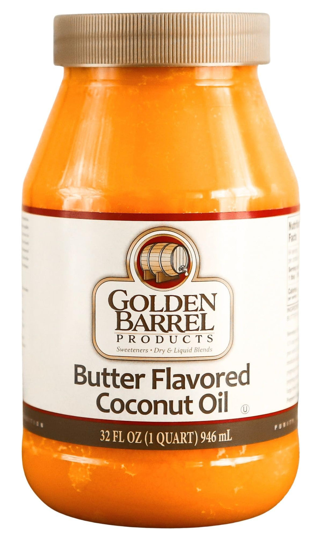 Golden Barrel front label on 32 oz jar showing buttery coconut oil benefits