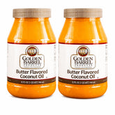 Golden Barrel front packaging showing 32 oz butter flavored coconut oil and pantry benefit