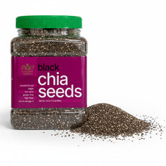 Golden jar front view showing chia seeds and airtight screw-top for longer freshness