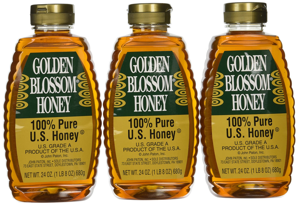 Golden Blossom front packaging showing three 24 oz jars for pantry convenience