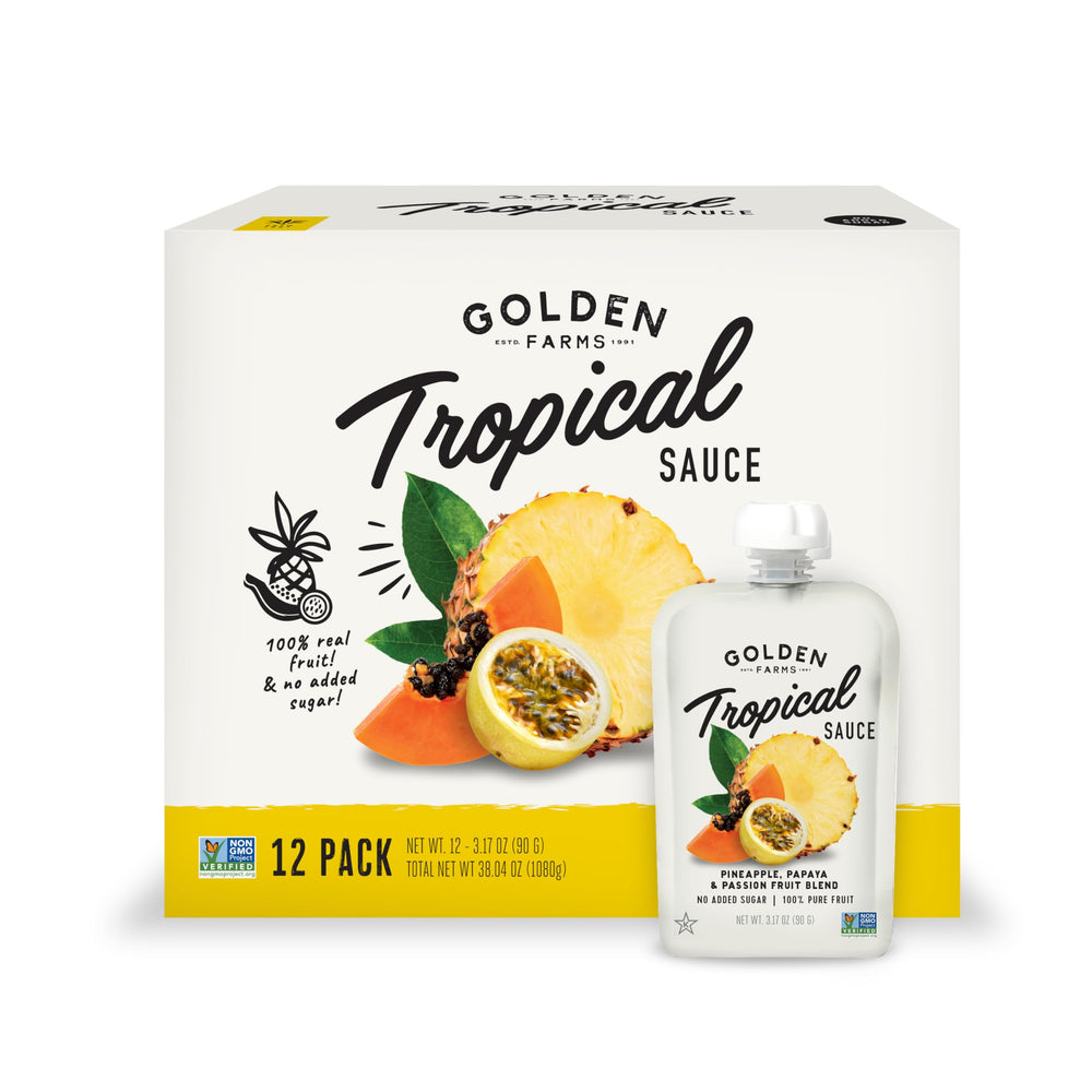 Golden Farms front packaging showing 12 tropical pouches and product info