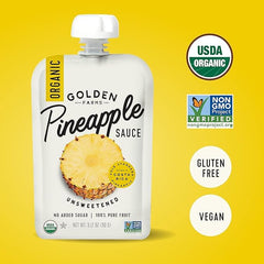 Golden Farms open spout pouch being squeezed for easy, mess-free snacking