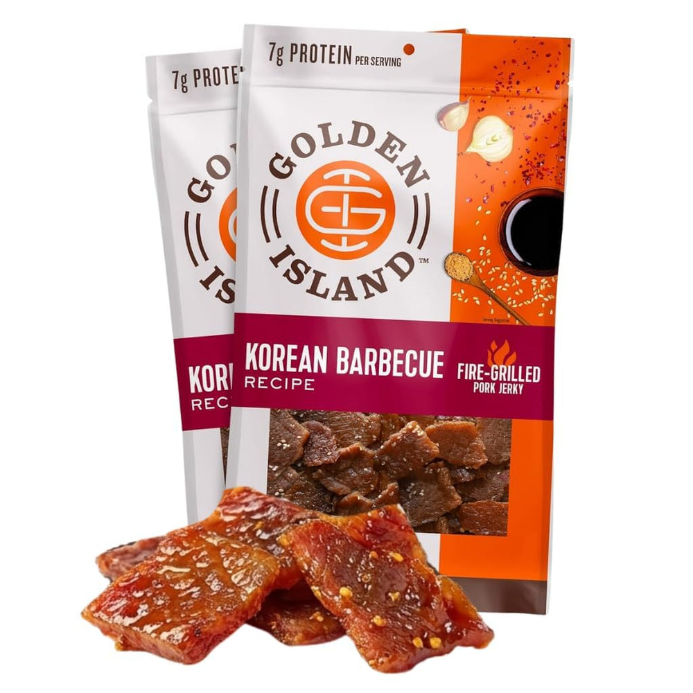 Golden Island front packaging showing two 9 oz bags and bold Korean BBQ flavor benefit