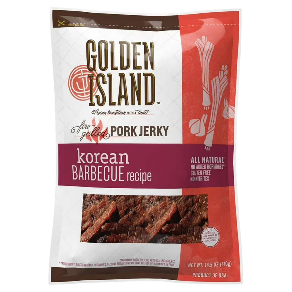 Golden Island front packaging showing 14.5 oz Korean barbecue pork jerky, convenient snack