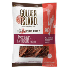 Golden Island front packaging showing 14.5 oz Korean barbecue pork jerky, convenient snack