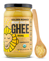 GOLDEN MONKEY front label 16oz jar showing organic grass‑fed certification and clear packaging benefit
