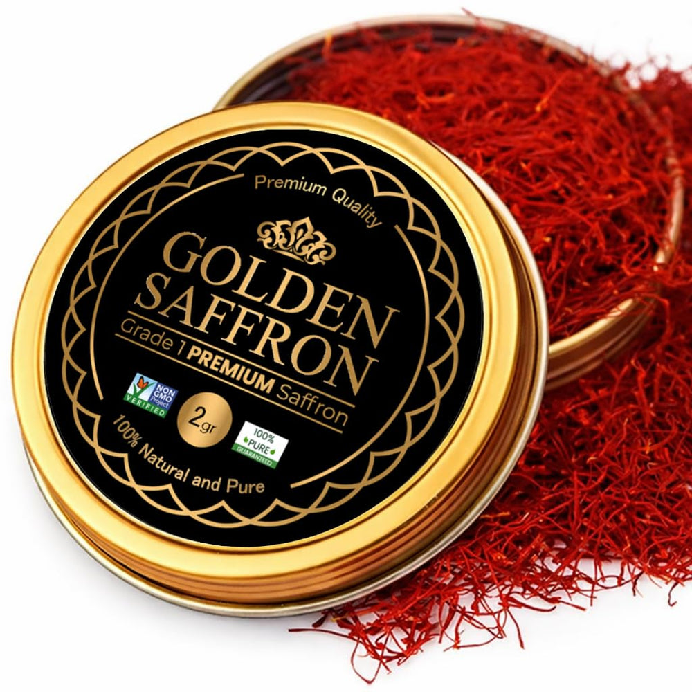 Golden Saffron front tin showing premium packaging and freshness preservation