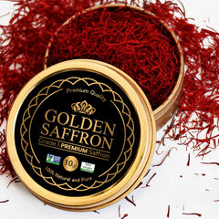 Golden Saffron front tin showing premium all-red threads and label for authenticity