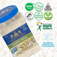 Golden open container with plump rice grains ready to measure for consistent cooking