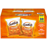 Goldfish front packaging showing cheddar snack pack and brand benefit