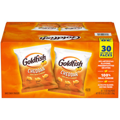 Goldfish front packaging showing cheddar snack pack and brand benefit