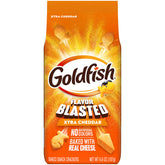 Goldfish Flavor Blasted front of bag showing bold cheddar branding and convenience