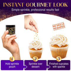 goldz sprinkled on a frosted cupcake, brand sparkle enhancing presentation