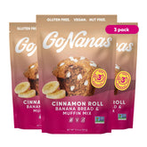 GoNanas front packaging displaying cinnamon roll banana mix and benefits
