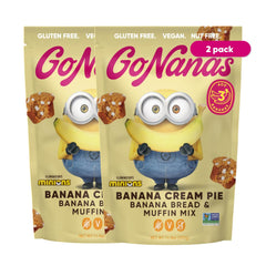 GoNanas front packaging showing Minions Banana Cream Pie mix and clear benefit convenience