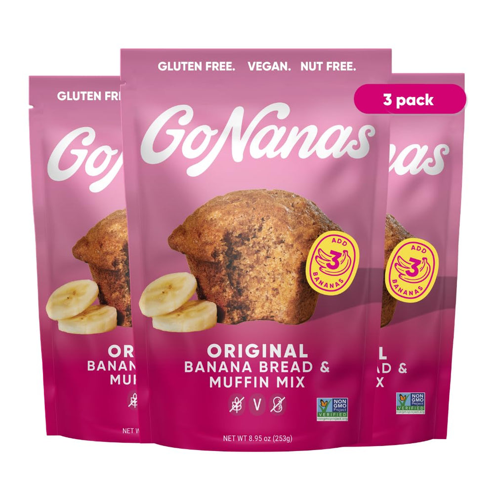 GoNanas front packaging showing three gluten free vegan mix bags and benefits