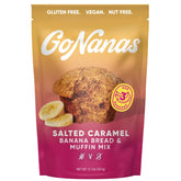 GoNanas front packaging showing salted caramel banana mix, easy gluten-free baking