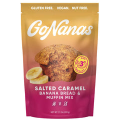 GoNanas front packaging showing salted caramel banana mix, easy gluten-free baking