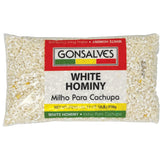 Gonsalves front packaging of dried white hominy showing product and weight, quality assurance