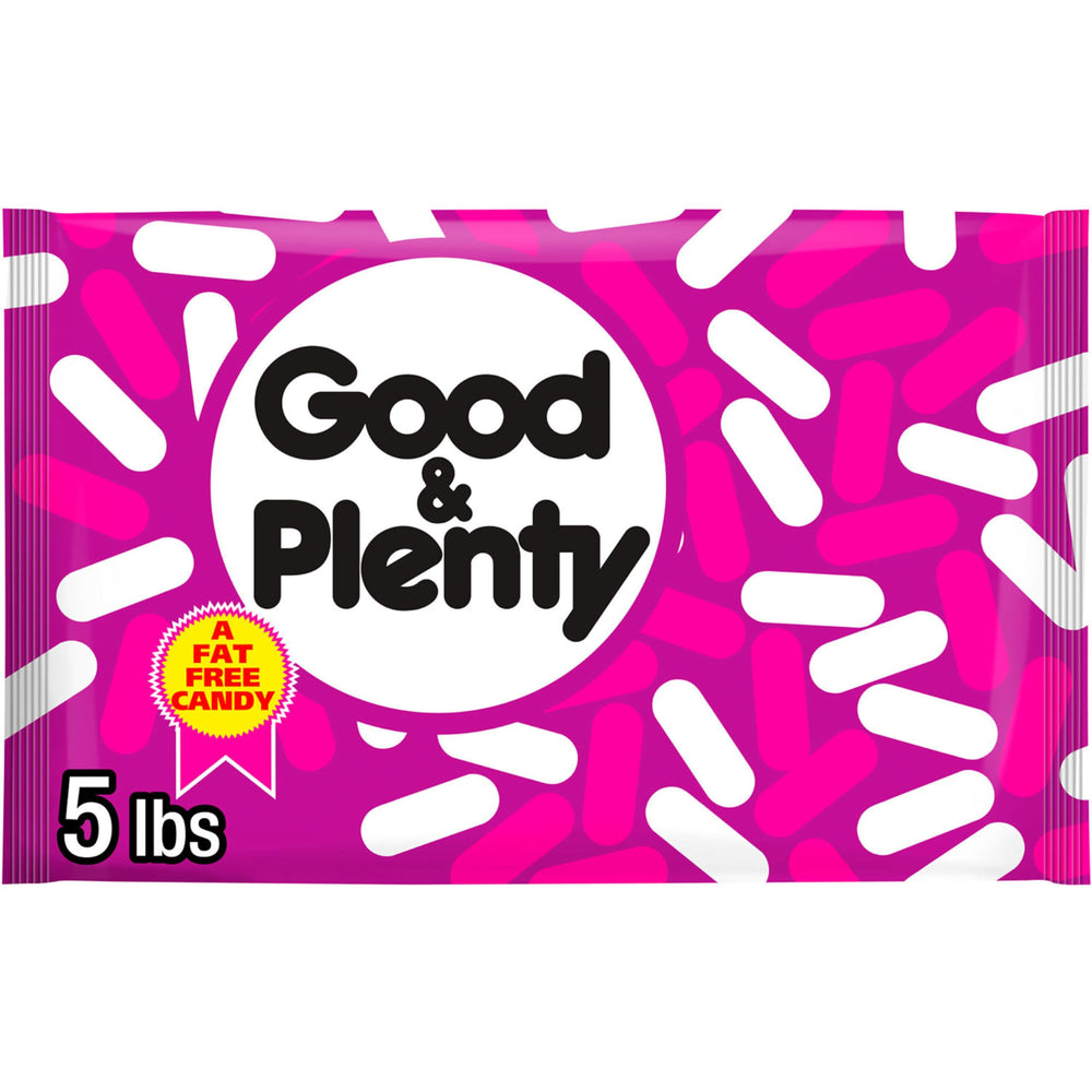 GOOD & PLENTY front of bag showing brand and 5 lb bulk size, grabs attention