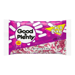 GOOD & PLENTY loose candies closeup showing pink and white shells, enticing snack idea