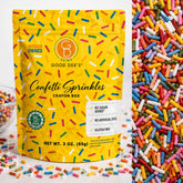 Good Dee's front packaging showing 3 oz sugar free confetti sprinkles and label benefits