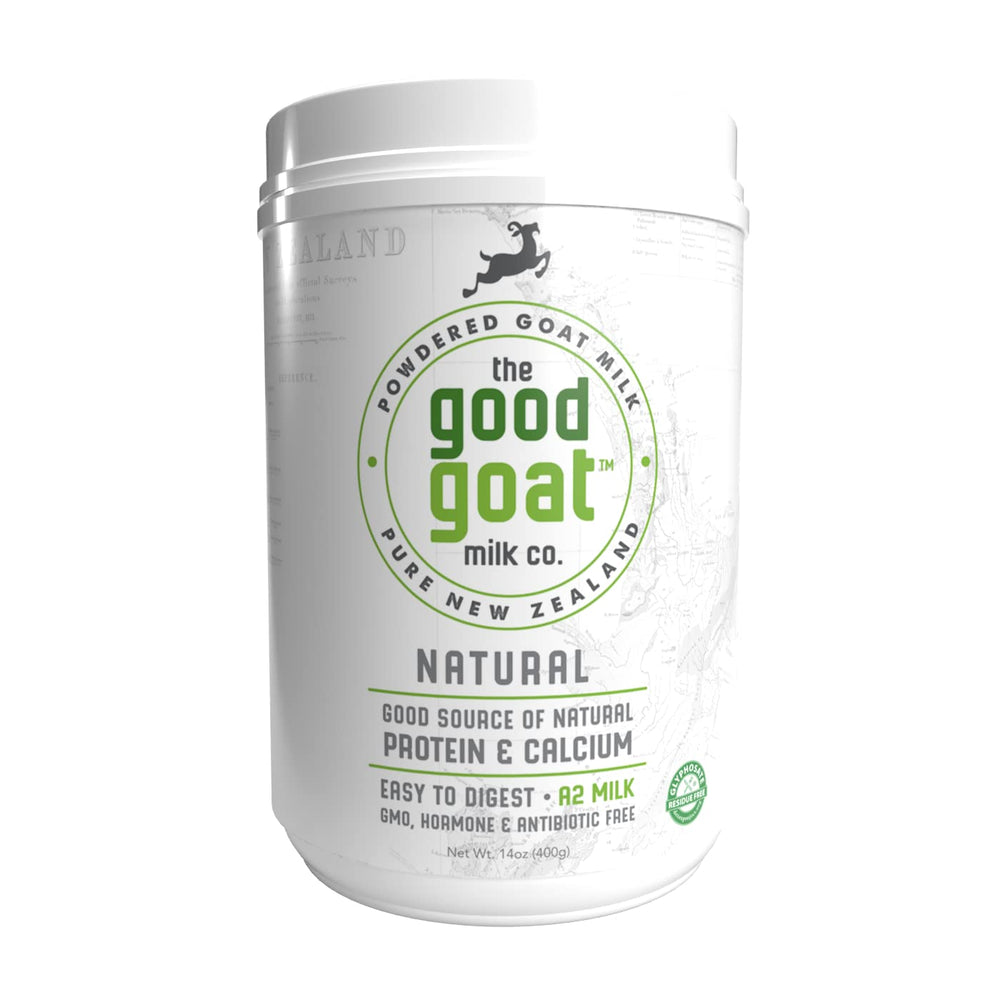 The Good Goat Milk Company front packaging showing 14oz tin and brand promise, convenient pantry storage