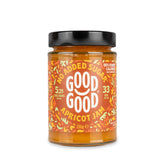 Good Good jar front view showing bright apricot spread, highlights low-sugar benefit