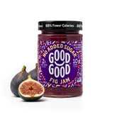 GOOD GOOD jar front view showing label and fig jam, highlights low-sugar benefit