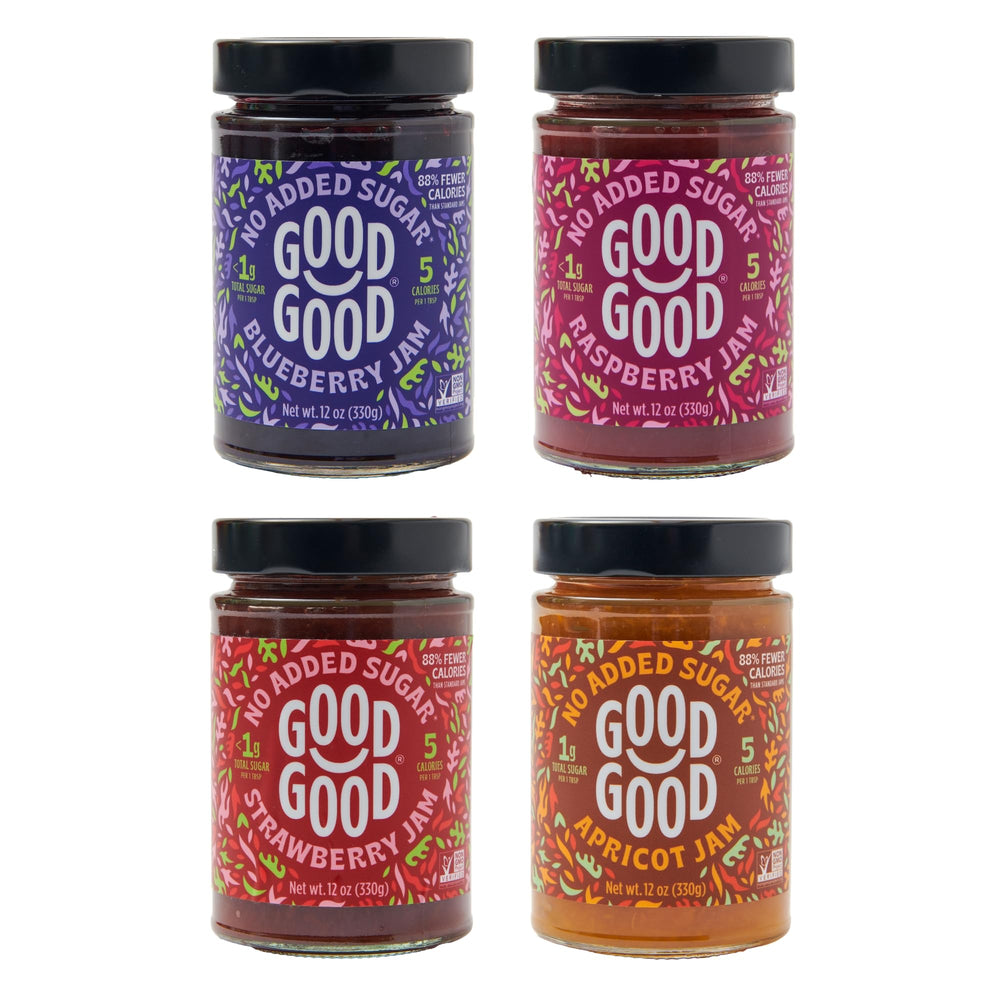 Good Good front packaging showing four jars and clear fruit benefit