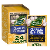 Good Seasons front packaging showing 24 garlic & herb packets, clear pantry-ready convenience