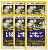 Good Seasons front packet showing garlic herb branding and easy-use benefits