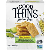 Good Thins front box showing jalapeño and lime flavor and gluten-free benefit