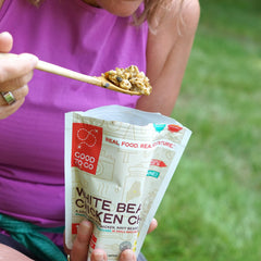 GOOD TO-GO open pouch with rehydrated chili ready to eat outdoors benefit