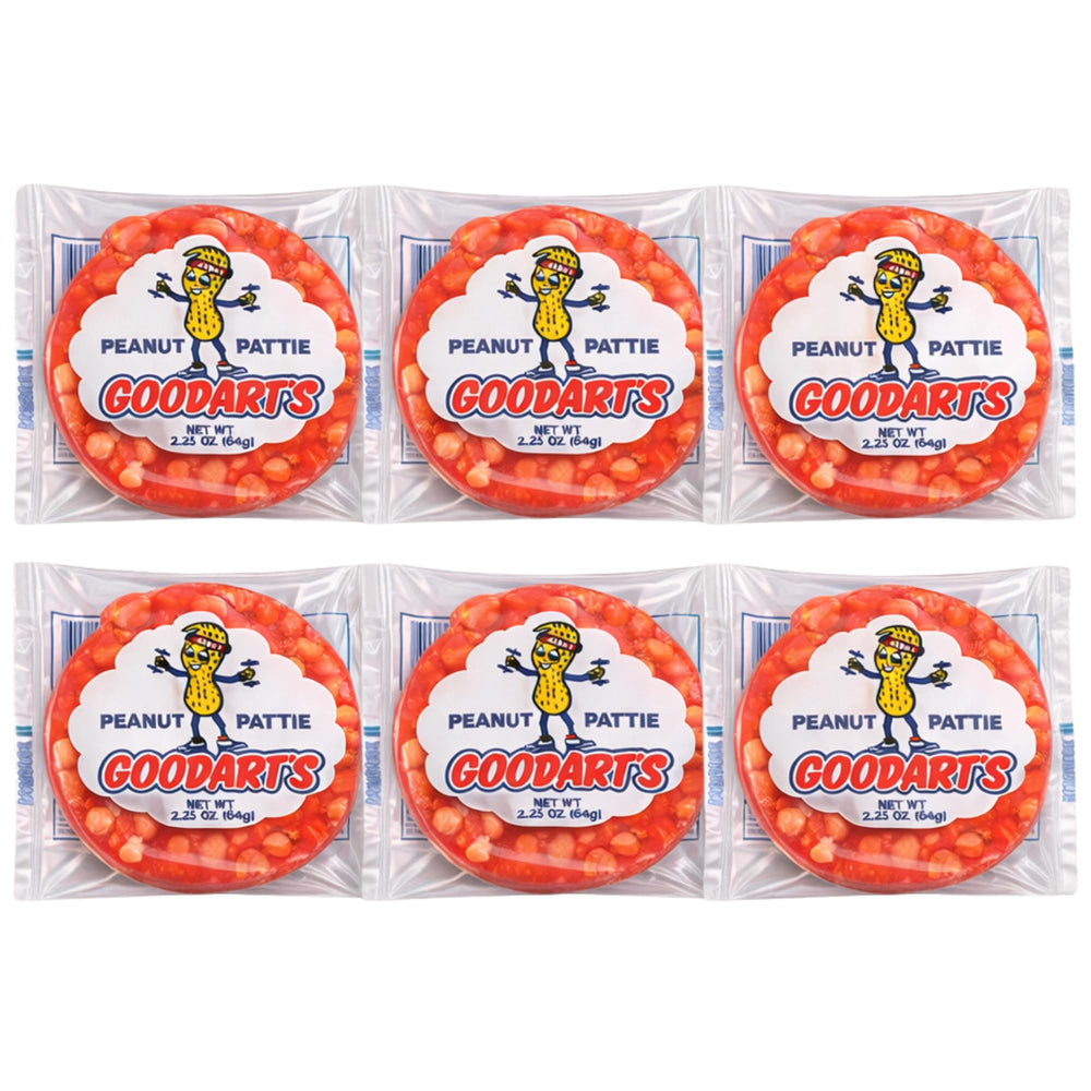 Goodart's front packaging showing six individually wrapped peanut bars and appeal