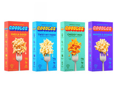 GOODLES front packaging of four-flavor pack showing variety and cleaner ingredients benefit