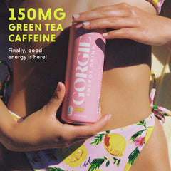 GORGIE can close-up label highlighting ingredients and green tea caffeine benefits