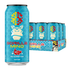 Gorilla Mind front can shot showing Red Gummy Fish branding and nutrition