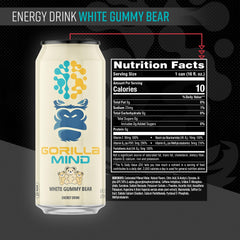 Gorilla Mind angled can highlighting label and ingredient callouts for informed choice