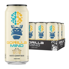 Gorilla Mind front can shot showing White Gummy Bear flavor and clear branding benefit clarity