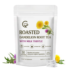 GORNVB front packaging showing organic roasted dandelion and milk thistle tea, clear ingredient callout